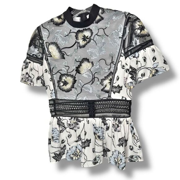 Self-Portrait Lucia Floral Embroidery Ruffle Lace Trim Cocktail Party Blouse 4 - Picture 4 of 11